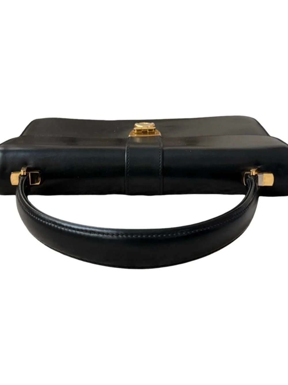 Vintage Gucci Black Leather Structured Top Handle Handbag GG Clasp
